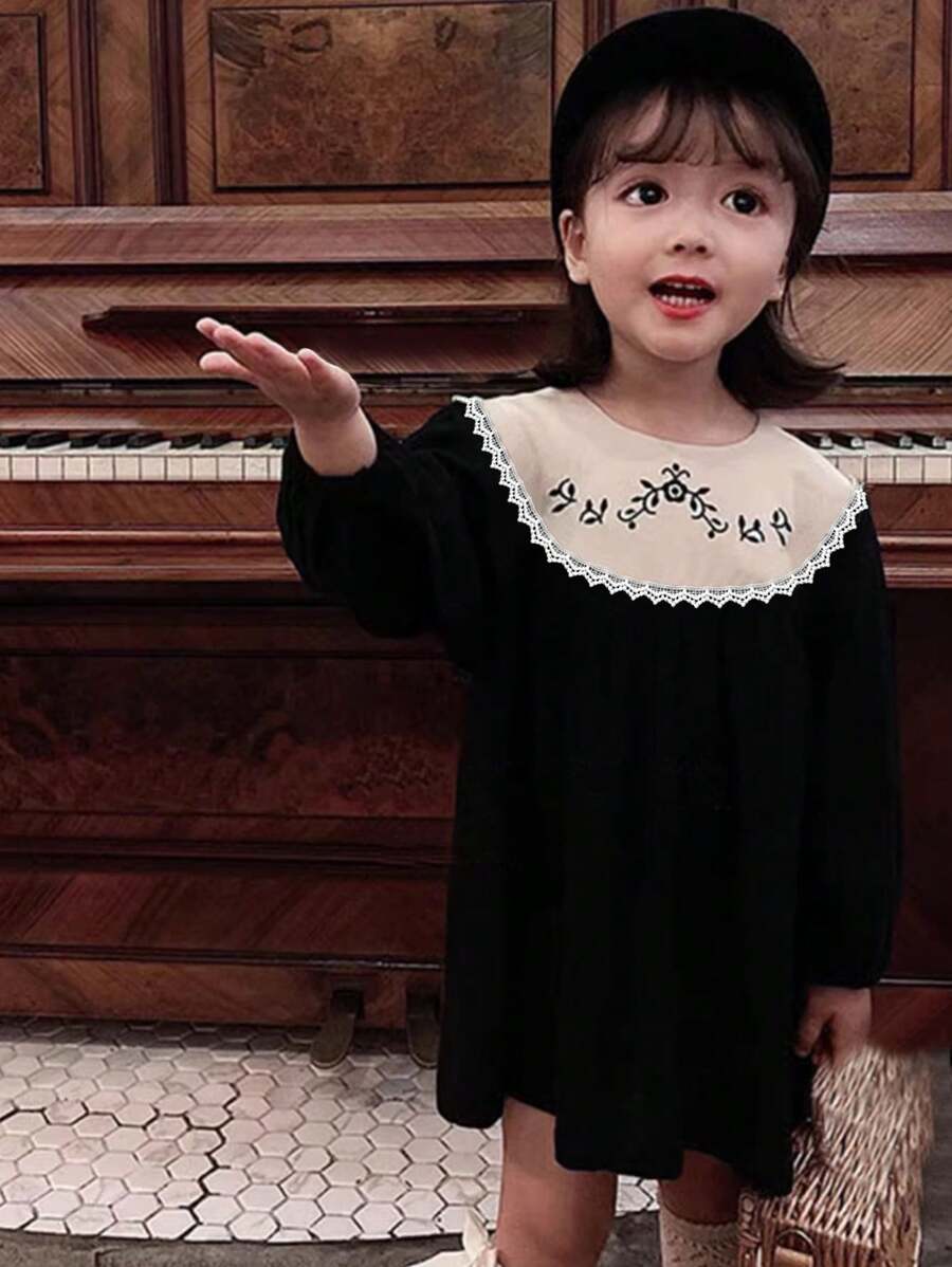 小女孩新款黑色公主裙,宮廷風格刺繡,適用於春秋季節 - 黑色 - 查看 1