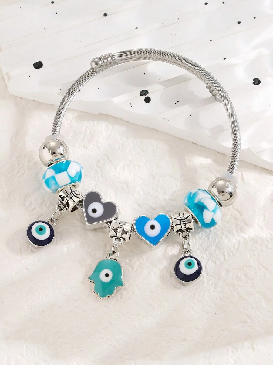 Colorful Diy Bracelet & Eye Shaped Hand Chain & Heart-Eye-Palm Pendant Set - Baby Blue - View 1
