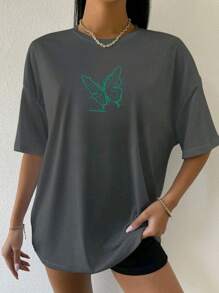 T-shirt Oversized feminina ombro caído ocasional 100% algodão com borbolets desenhado com letra estampada - Chumbo - Visão 2