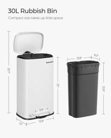 SONGMICS Trash Can With Lid, Waste Bin, 8 Gallon/ 30L Garbage Can, Stainless Steel Small Waste Bin With Step Pedal And Inner Bucket, Soft Close, Kitchen, 13.8"L X 10"W X 25"H, Black, White - 白色 - 查看 2