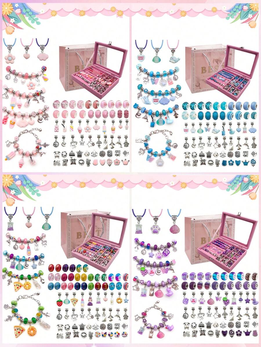 1套時尚合金亞克力歐洲彩色珠子吊飾diy手鍊套裝,適用於手鍊項鍊首飾製作配件,作為朋友婚禮和生日禮物的首飾用品 - 彩色 - 查看 1