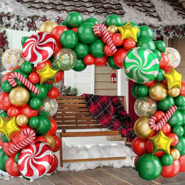 1Set Christmas Balloons Garland Arch Kit, Red Green Balloons Metallic