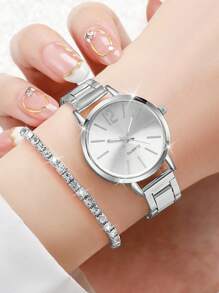 Women's Stainless Steel Band Fashionable Simple Dial Quartz Wristwatch + Jewelry Set (6pcs/Set) Holiday As A Gift For Students Returning To School