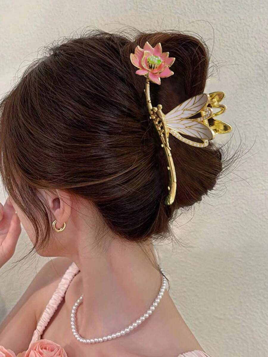 1件女款優雅合金蓮花、蜻蜓、水滴造型髮飾，漸層配色，適合甜美校園風日常佩戴