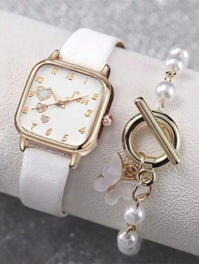 少女休閒簡約優雅時尚石英錶+1貝殼蝴蝶手鍊