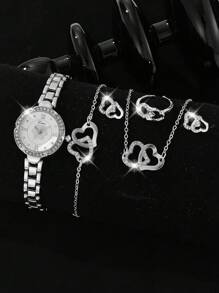 Lvpai 6入組女式銀色合金鋼帶水晶鑲飾石英手錶,心型鍊項鍊,耳環,手鍊,戒指套裝,適用於休閒派對