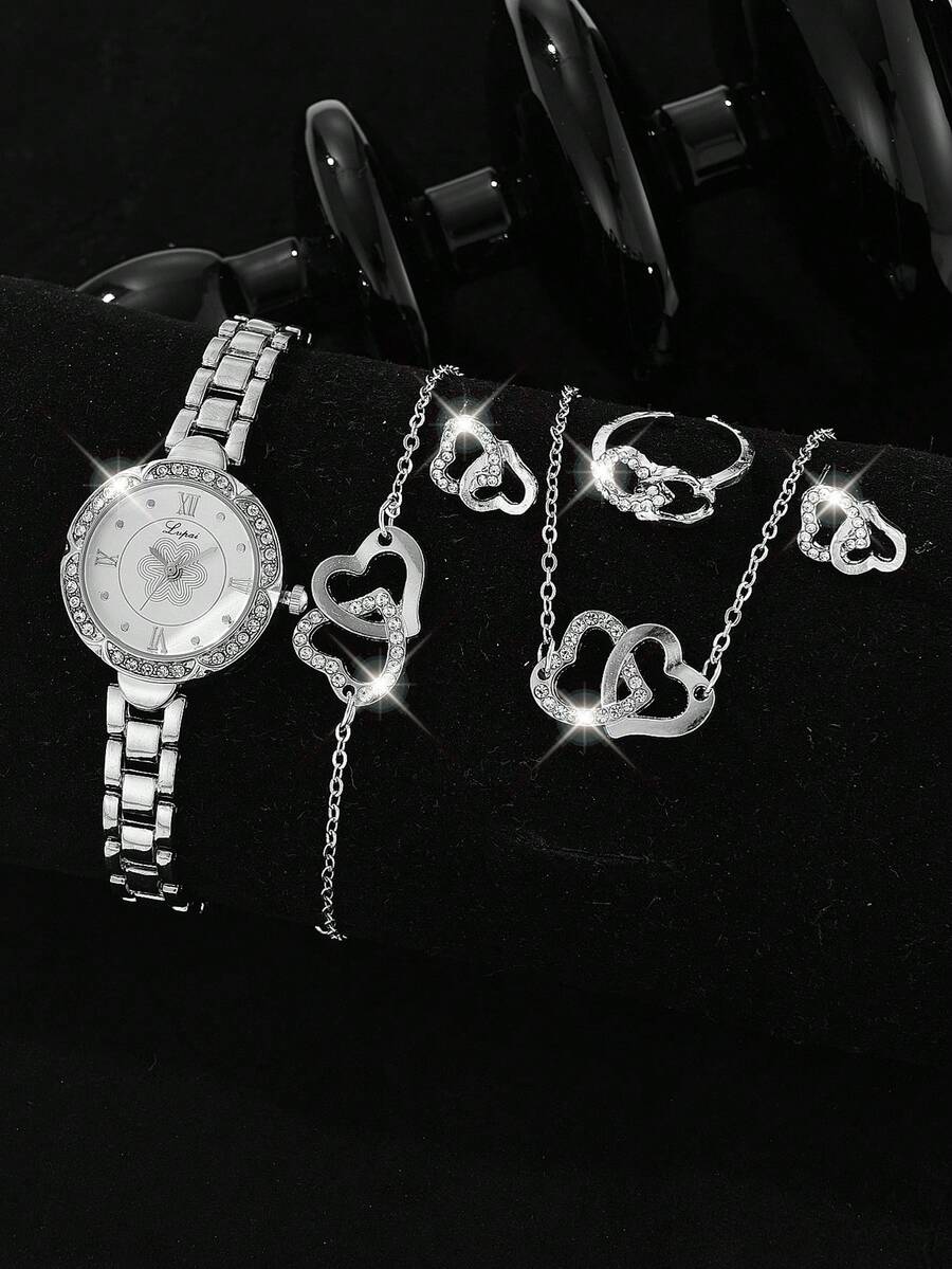 Lvpai 6入組女式銀色合金鋼帶水晶鑲飾石英手錶,心型鍊項鍊,耳環,手鍊,戒指套裝,適用於休閒派對