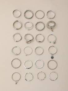 24pcs Bohemian Geometric & Snake Shaped Minimalist Fashion Rings Set, With Inlaid Rhinestone