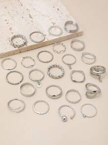 24pcs Bohemian Geometric & Snake Shaped Minimalist Fashion Rings Set, With Inlaid Rhinestone