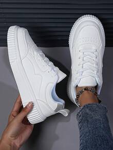 女士時尚韓版休閒白色運動鞋,圓頭綁帶低幫運動鞋 - 彩色 - 查看 4