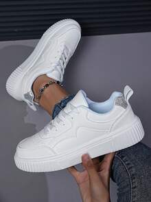 女士時尚韓版休閒白色運動鞋,圓頭綁帶低幫運動鞋 - 彩色 - 查看 5