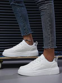 女士時尚韓版休閒白色運動鞋,圓頭綁帶低幫運動鞋 - 彩色 - 查看 2