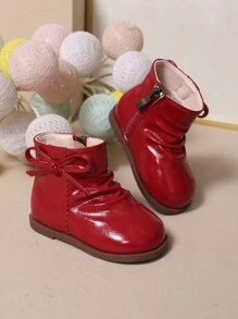 女童靴子，毛絨內裡，蝴蝶結和荷葉邊設計，圓頭，防滑軟底，適合春秋冬季
