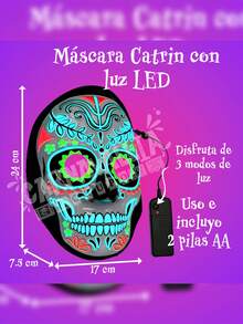 Máscara de Luz Led Multicolor RGB de Calavera Catrin Disfraz para Fiestas Halloween Día Muertos Costume - Blanco y Negro - Ver 2
