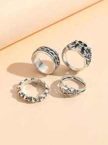 4pcs/set Punk Style Skull Head & Heart Shape Ring Set - Antique Silver - View 2
