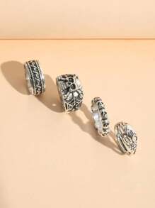 4pcs/set Punk Style Skull Head & Heart Shape Ring Set - Antique Silver - View 3