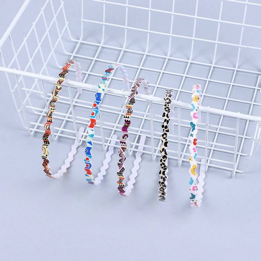 5入組/包塑料波浪型髮夾,印花頭帶,女性彩色髮飾