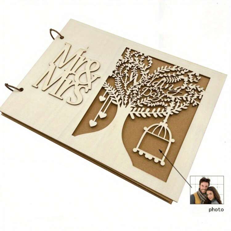 1pc, Wooden Wedding Guestbook Reception Book Mr Mrs LOVE Guest Book Sign-in Book Personalized Mr. And Mrs. Photo Frame Wedding Decoration Supplies(10 pages) - Beige - View 1