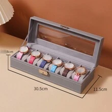 1pc Leather Watch Storage Case With Dustproof Glass Lid, Lockable Watch Box For Wristwatches & Jewelry - Grey - View 2