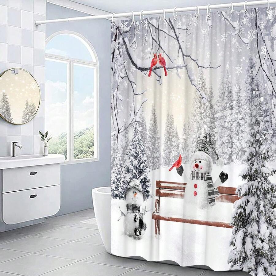 1入冬季雪景淋浴簾,其中包含雪人、紅色鳥和聖誕節、新年快樂圖案的鉤子,時尚家居浴室裝飾套裝 - 白色 - 查看 1