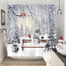 1入冬季雪景淋浴簾,其中包含雪人、紅色鳥和聖誕節、新年快樂圖案的鉤子,時尚家居浴室裝飾套裝 - 白色 - 查看 3