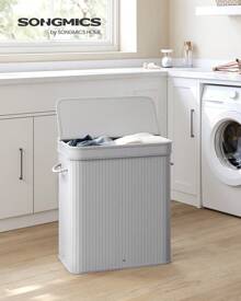 SONGMICS Giỏ đựng đồ giặt có nắp, Giỏ đựng đồ giặt bằng tre, Giỏ đựng quần áo bẩn, Giỏ đựng đồ giặt có thể tháo rời bằng máy, Có quai xách, 26,4 gallon, Dùng cho phòng giặt, phòng ngủ, phòng tắm, 21,5''D X 13,6''W X 24''H Giỏ đựng đồ giặt, Giỏ đựng đồ giặt, Đồ dùng phòng tắm, Giỏ đựng, Giỏ đựng đồ, Giỏ đựng đồ giặt có thể gấp lại - Xám - Xem 1