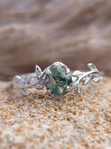 1個天然苔玉戒指925純銀綠色苔玉戒指,承諾戒指訂婚婚禮珠寶禮物女士