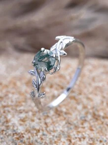 1個天然苔玉戒指925純銀綠色苔玉戒指,承諾戒指訂婚婚禮珠寶禮物女士