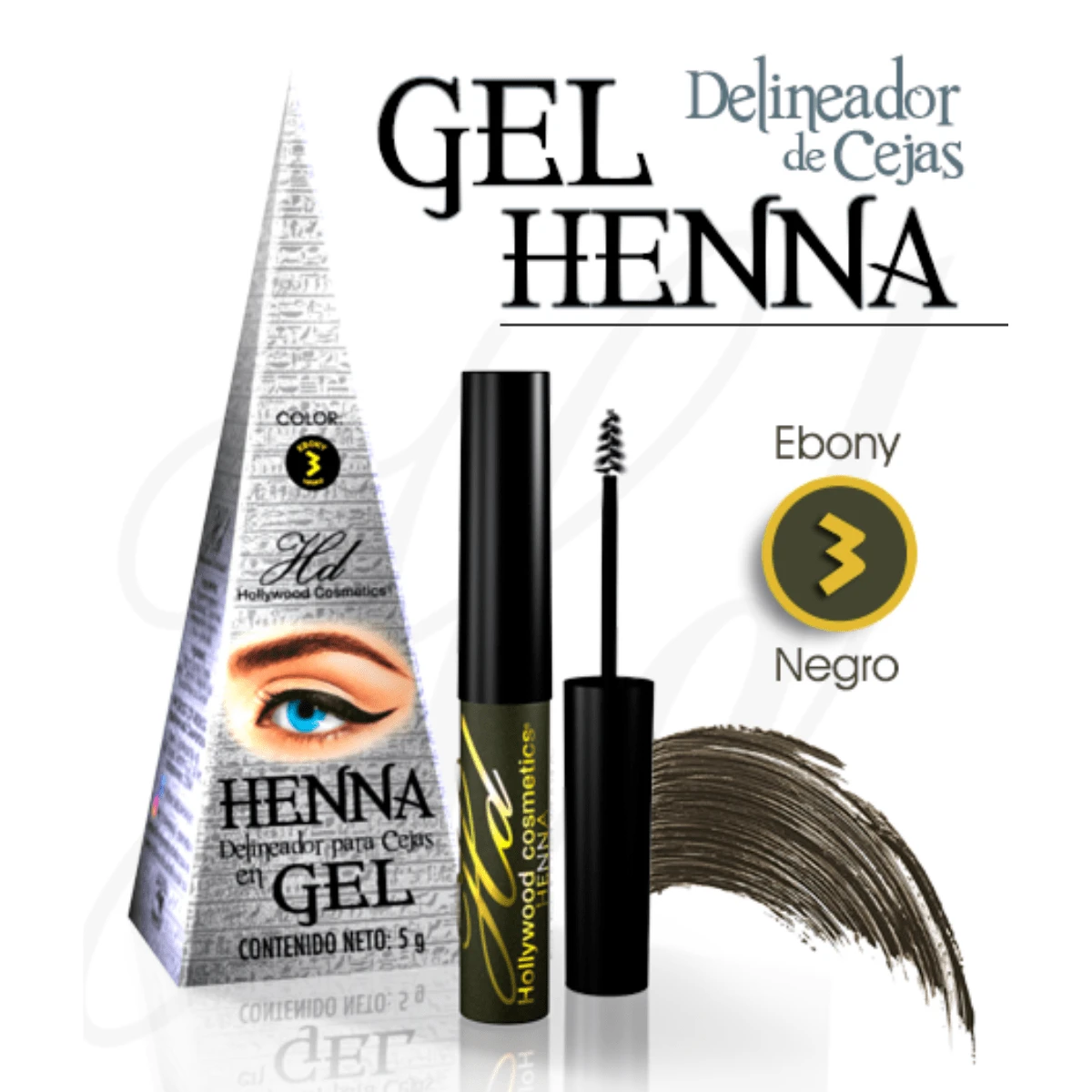 Delineador De Cejas Henna Gel 5 Tonos - Hollywood Cosmetics - No. 3 EBONY (Negro) - Ver 1