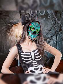 Máscara de Luz Led Multicolor RGB de Calavera Catrin Disfraz para Fiestas Halloween Día Muertos Costume - Blanco y Negro - Ver 8