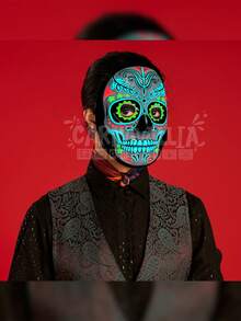 Máscara de Luz Led Multicolor RGB de Calavera Catrin Disfraz para Fiestas Halloween Día Muertos Costume - Blanco y Negro - Ver 4