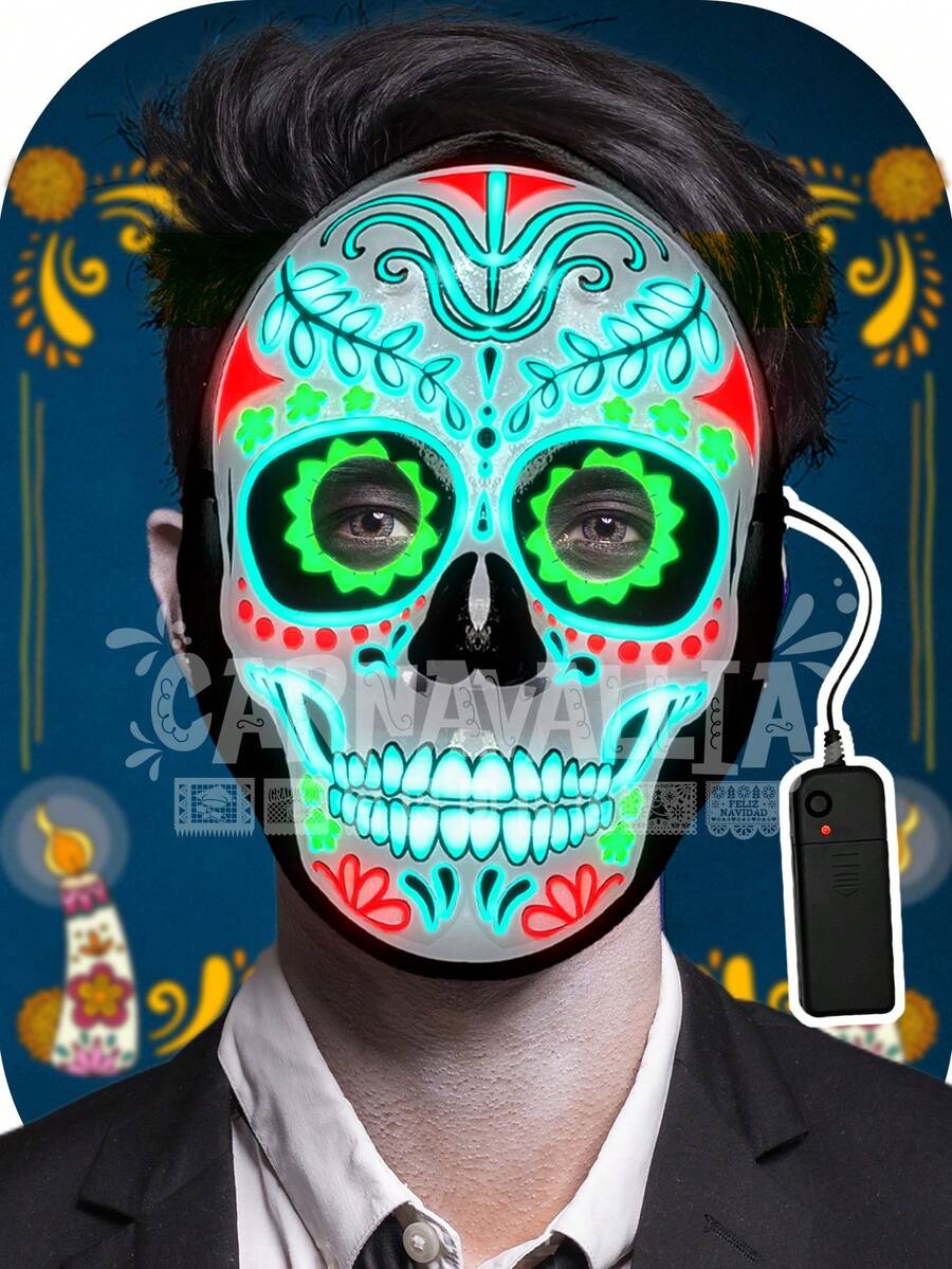 Máscara de Luz Led Multicolor RGB de Calavera Catrin Disfraz para Fiestas Halloween Día Muertos Costume - Blanco y Negro - Ver 1
