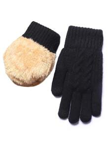 男士雙層加厚絨毛觸屏手套1對,鑽石圖案,針織款式,保暖,全手指,適合派對、開車、遊戲、騎自行車、遠足、筆記等場合 - 黑色 - 查看 1