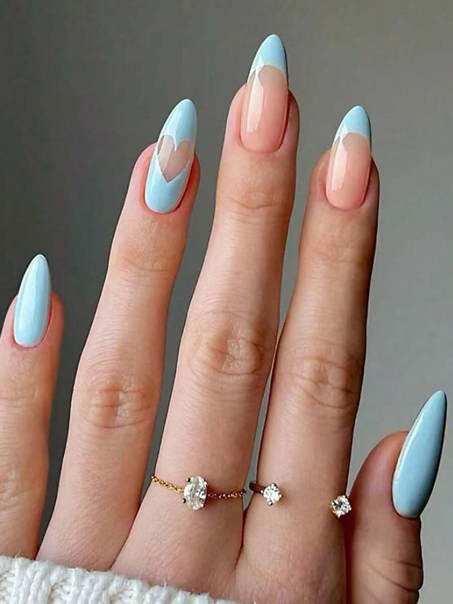 Juego De Uñas Postizas Almendradas Largas Estilo Francés Con Diseño De Corazón - Multicolor - Ver 1