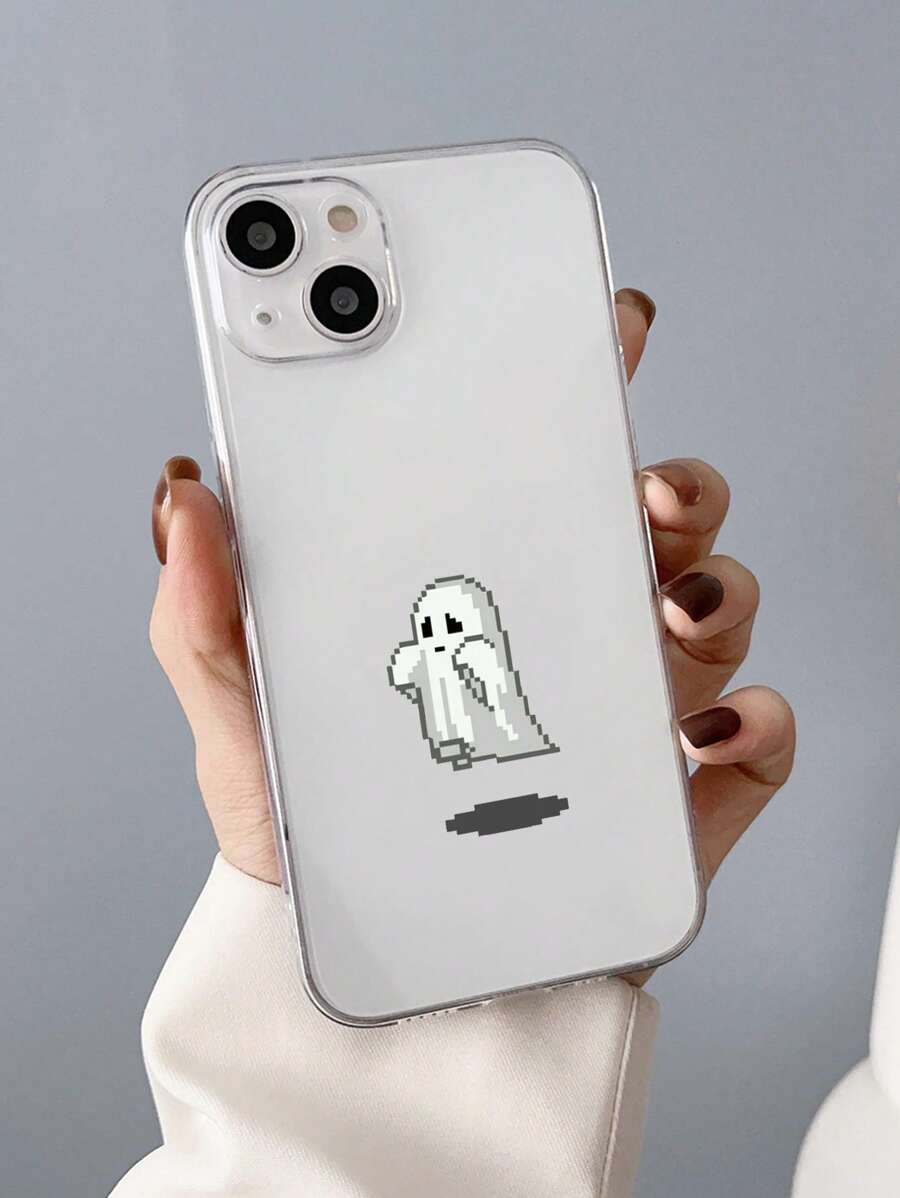 1 Pieza Funda De Teléfono Transparente Con Diseño Lindo De Arte De Pixeles De Ghost Y Juego De Ropa De Cama, Compatible Con Iphone - Multicolor - Ver 1