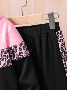 年輕女孩豹紋拼色連帽衫和運動褲套裝 - 黑色 - 查看 4