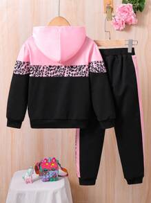 年輕女孩豹紋拼色連帽衫和運動褲套裝 - 黑色 - 查看 6