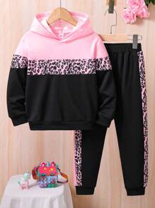 年輕女孩豹紋拼色連帽衫和運動褲套裝 - 黑色 - 查看 1