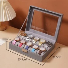 1pc Leather Watch Storage Case With Dustproof Glass Lid, Lockable Watch Box For Wristwatches & Jewelry - Grey - View 3