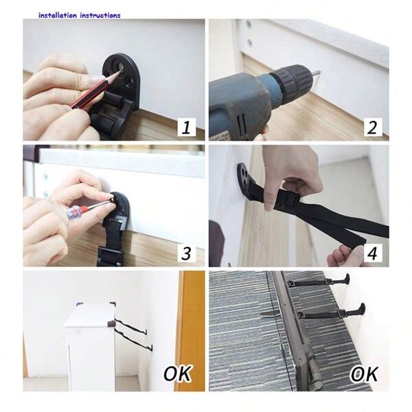 2pcs Black Furniture Anchors Staps For Baby Proofing, Adjustable Anti