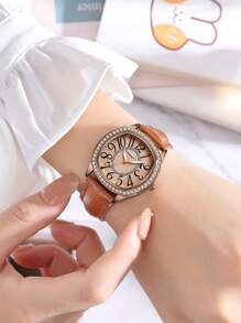 CRistianoAILLen 1pc Cristiano Allen Women's Minimalist Rhinestone Embellished Fashion High-End Leather Quartz Watch, Suitable For Party, Work, Daily Life, Valentine's Day Gift, Year-End Gift - Brown - View 3