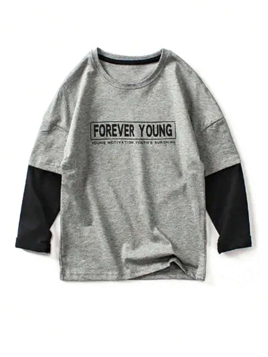 青少年男孩休閒運動款透氣舒適長袖字母印花t恤,適合秋冬日常穿著 - 灰色 - 查看 1