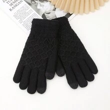 1雙男性雙層絨面加厚暖手指手套 - 黑色 - 查看 4