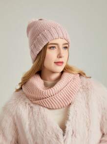1pc Cute Pom Pom Knitted Hat And Scarf Set, Basic, Warm And Suitable For Travel And Outdoor Activities - Dusty Pink - View 1