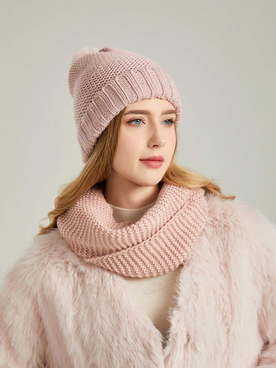 1pc Cute Pom Pom Knitted Hat And Scarf Set, Basic, Warm And Suitable For Travel And Outdoor Activities - Dusty Pink - View 1
