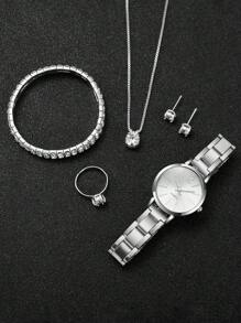 Women's Stainless Steel Band Fashionable Simple Dial Quartz Wristwatch + Jewelry Set (6pcs/Set) Holiday As A Gift For Students Returning To School