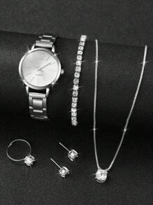 Women's Stainless Steel Band Fashionable Simple Dial Quartz Wristwatch + Jewelry Set (6pcs/Set) Holiday As A Gift For Students Returning To School