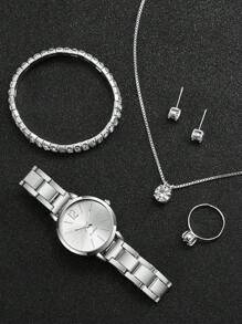 Women's Stainless Steel Band Fashionable Simple Dial Quartz Wristwatch + Jewelry Set (6pcs/Set) Holiday As A Gift For Students Returning To School