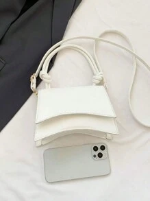 時尚迷你通勤者登機箱方便PU皮革女士們方形手提包設計迷你極簡風格素色手提包,翻蓋百搭紋理質感單肩包適合女士,手提托特包 - 白色 - 查看 5