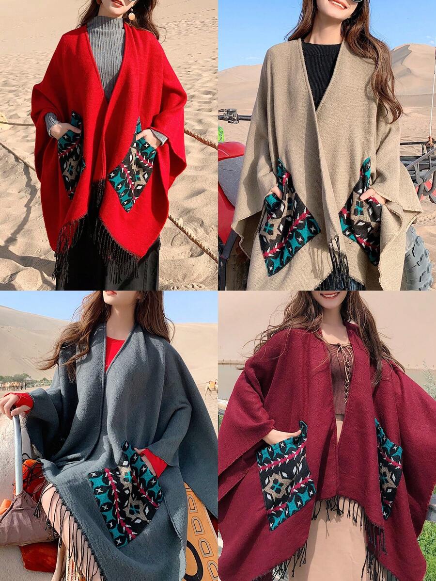 件女式壓克力口袋分體圍巾，適合所有季節 - 彩色 - 查看 1